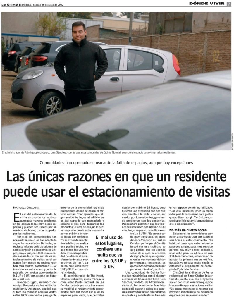 Luis Sánchez, administrador de Admin Propiedades, en reportaje de Las Últimas Noticias sobre estacionamientos de visitas — junio 2022
